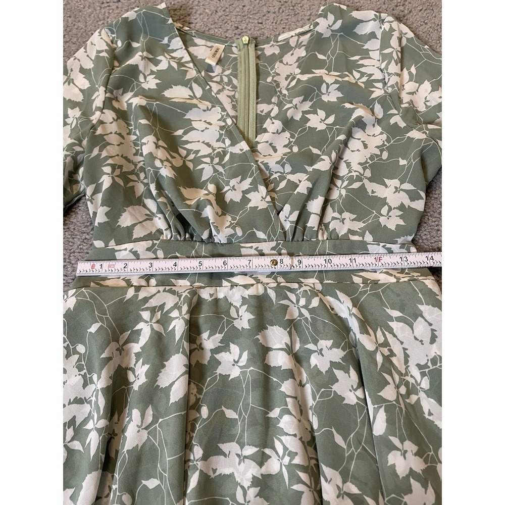 DOKOTOO Tired Floral Mini Dress Sz M Belted Sage White Long Sleeve Boho Chic - Picture 8 of 15